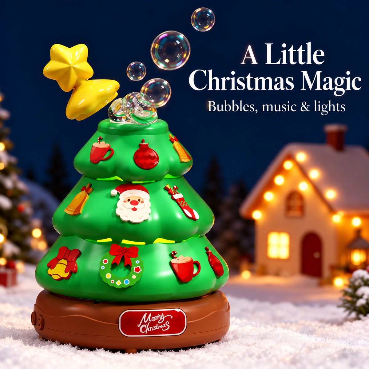 Christmas tree bubble machine in a holiday setting